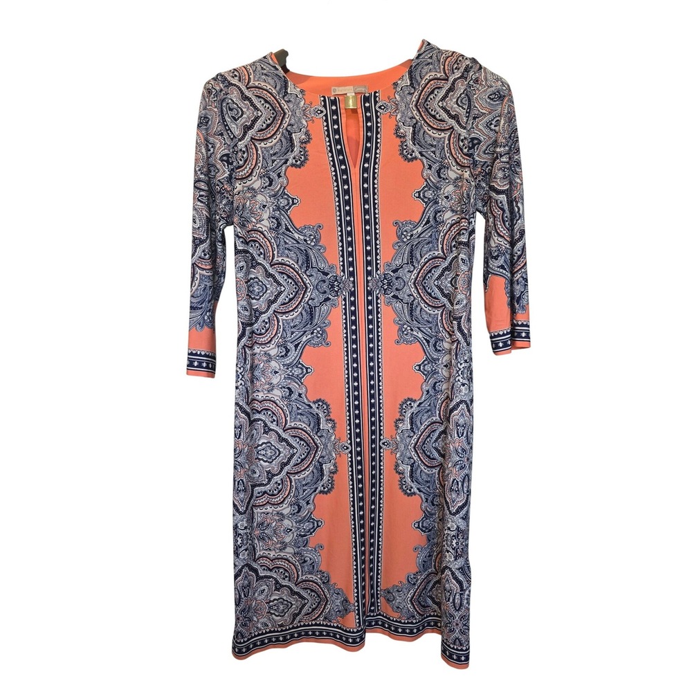 Signature Camryn Womens Coral Navy Paisley Medallion Sheath Dress Sz 4 Splt Neck